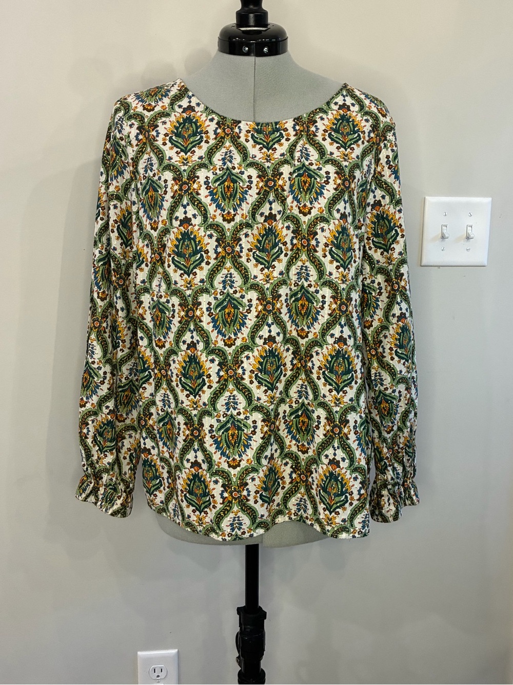 Talbots Cream Long Sleeve Blouse with Green and Gold Medallion Print
